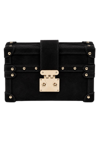 CILYON Rectangle Box Clutch in black suede with gold hardware — front view