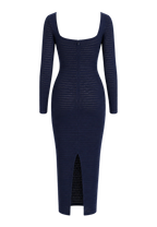 CILYON Mysteria LS Paneled Dress in navy blue — back view with hem slit