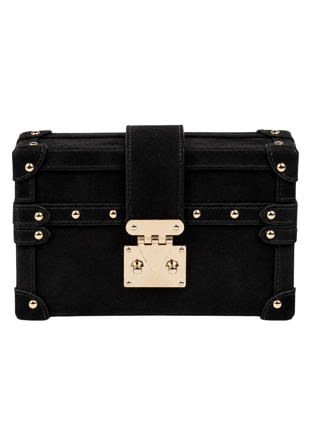 CILYON Rectangle Box Clutch in black suede with gold hardware — front view