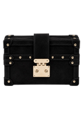 CILYON Rectangle Box Clutch in black suede with gold hardware — front view
