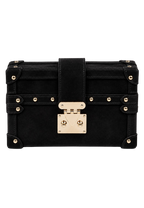 CILYON Rectangle Box Clutch in black suede with gold hardware — front view