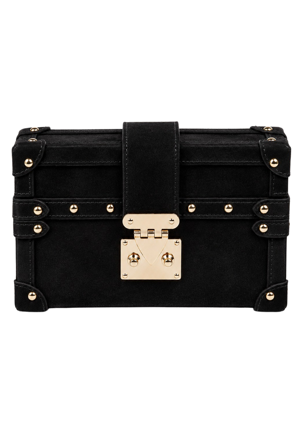 CILYON Rectangle Box Clutch in black suede with gold hardware — front view