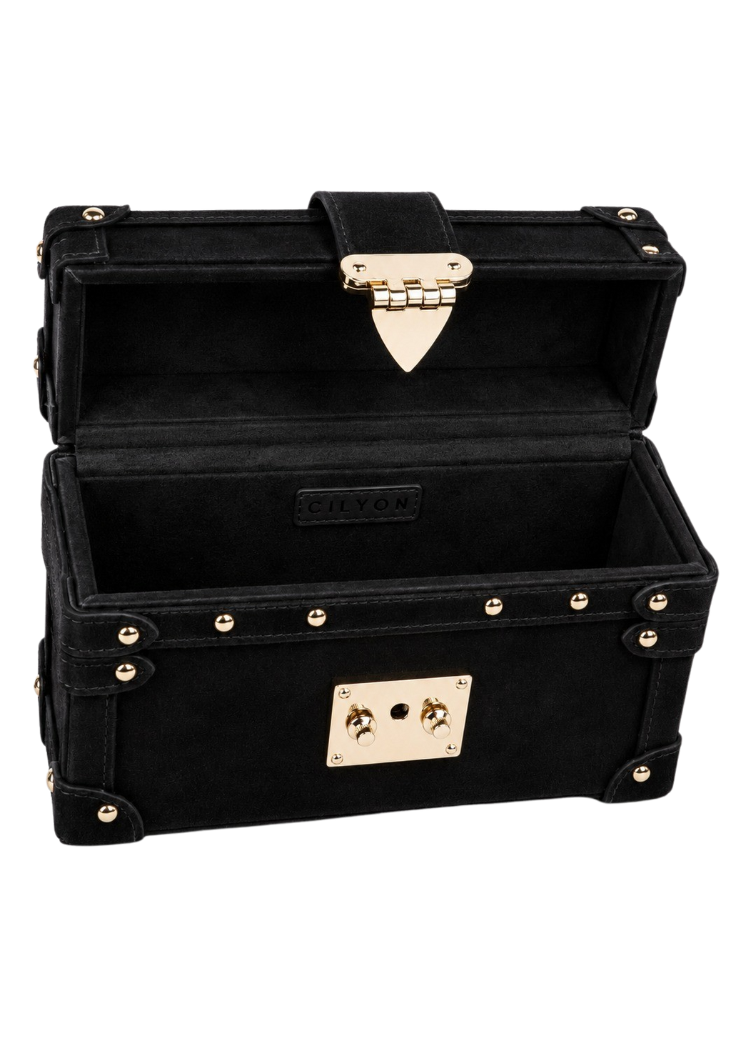 CILYON Rectangle Box Clutch in black suede — open, showing suede-lined interior