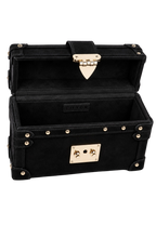 CILYON Rectangle Box Clutch in black suede — open, showing suede-lined interior