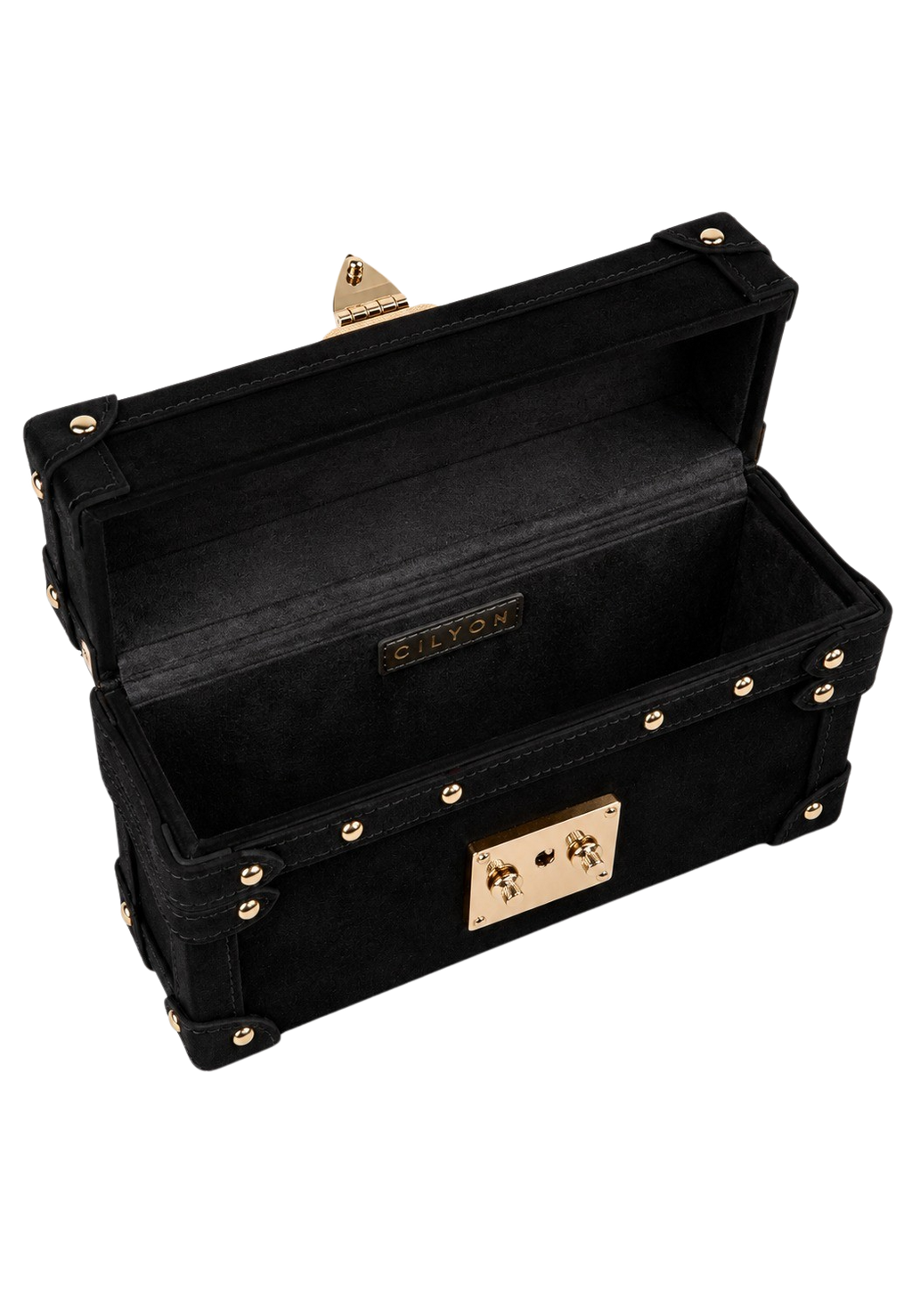 CILYON Rectangle Box Clutch in black suede — open, overhead view