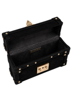 CILYON Rectangle Box Clutch in black suede — open, overhead view