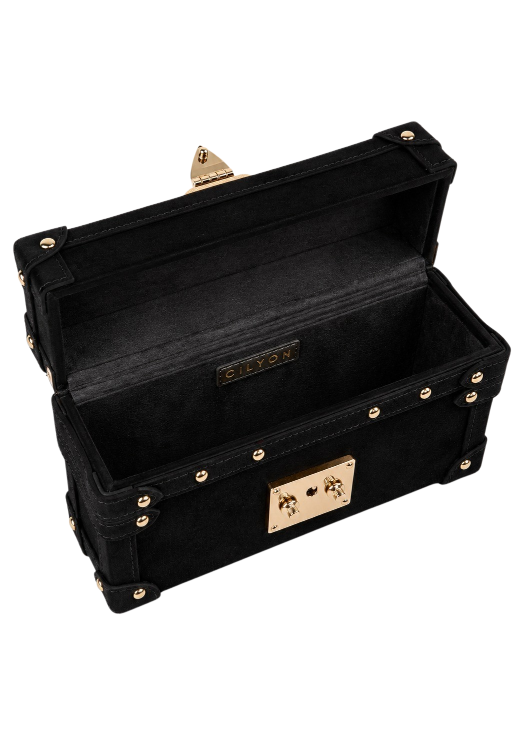 CILYON Rectangle Box Clutch in black suede — open, overhead view