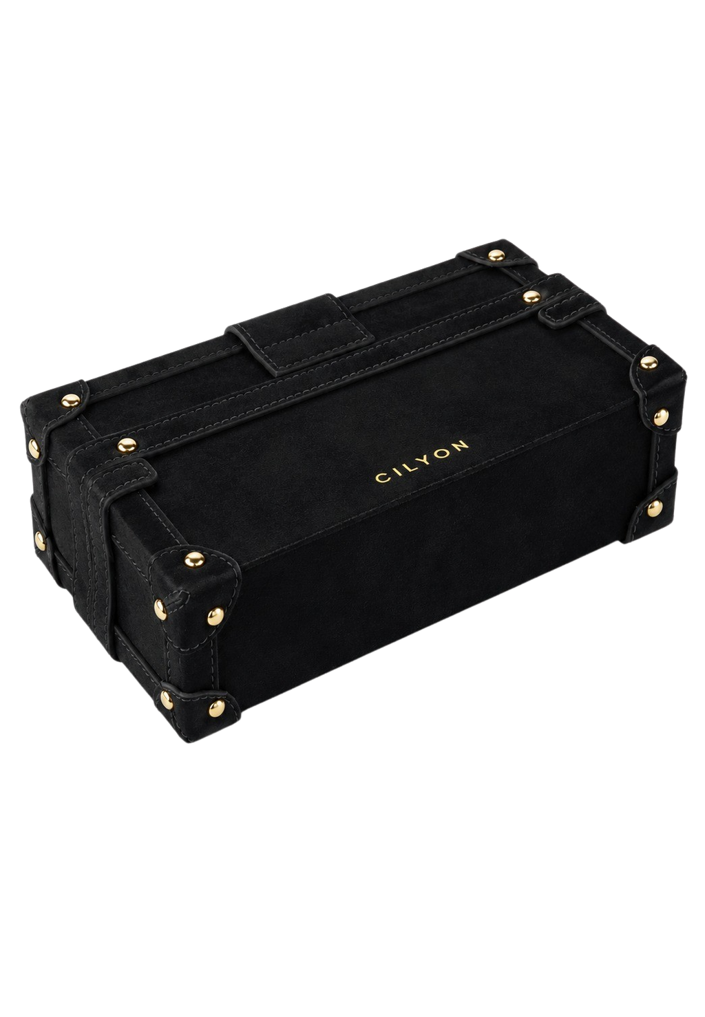 CILYON Rectangle Box Clutch in black suede — angled view with gold CILYON logo
