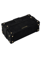 CILYON Rectangle Box Clutch in black suede — angled view with gold CILYON logo