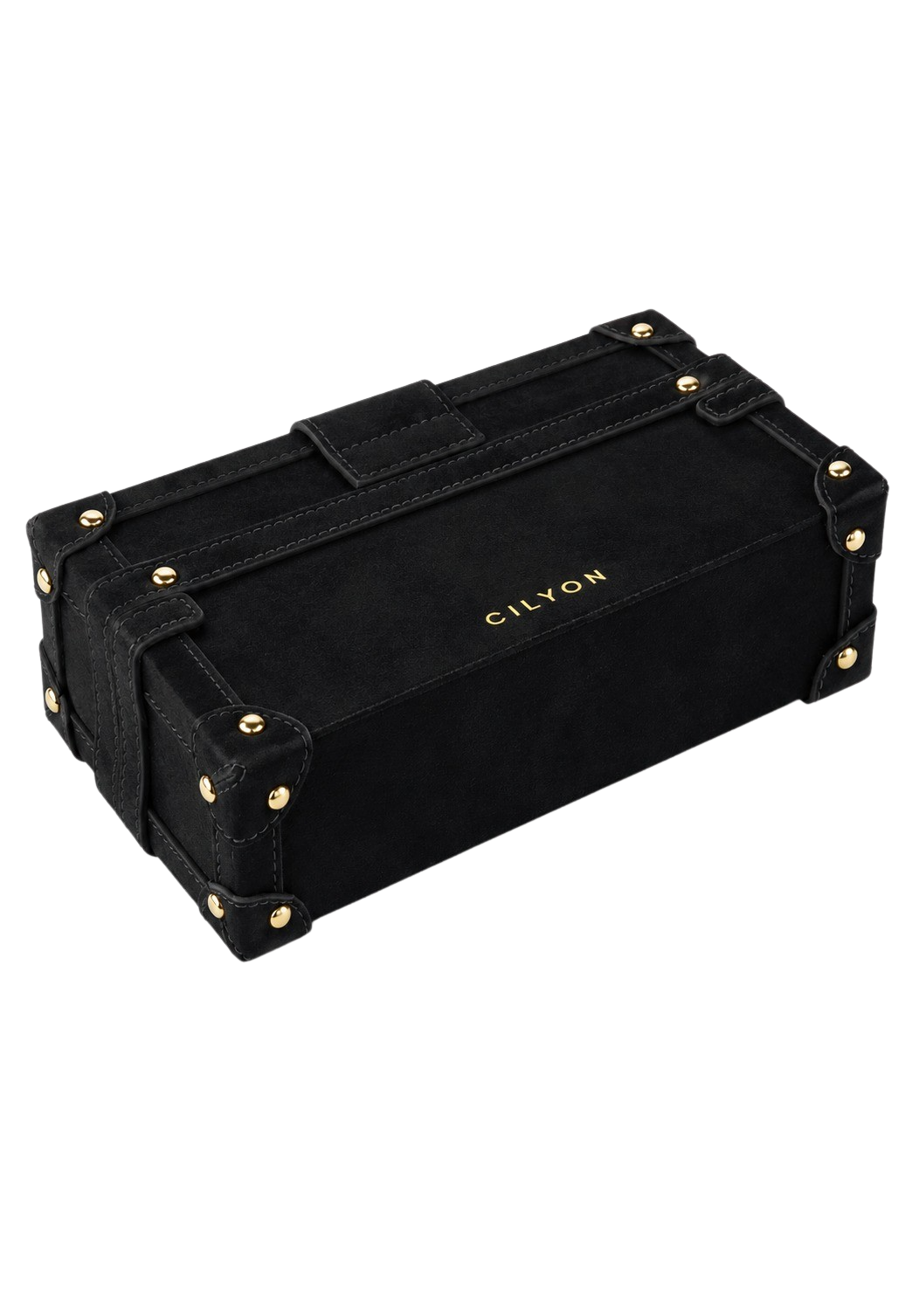 CILYON Rectangle Box Clutch in black suede — angled view with gold CILYON logo