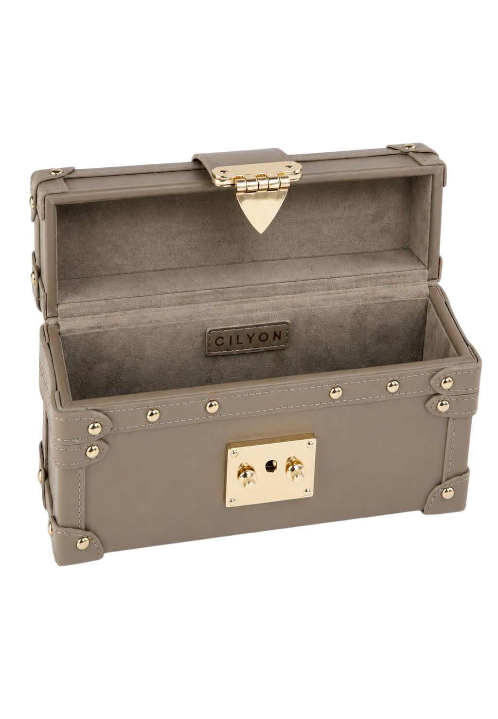 CILYON Rectangle Box Clutch in taupe calfskin leather — open, showing suede-lined interior
