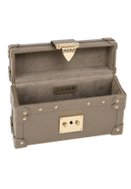 CILYON Rectangle Box Clutch in taupe calfskin leather — open, showing suede-lined interior