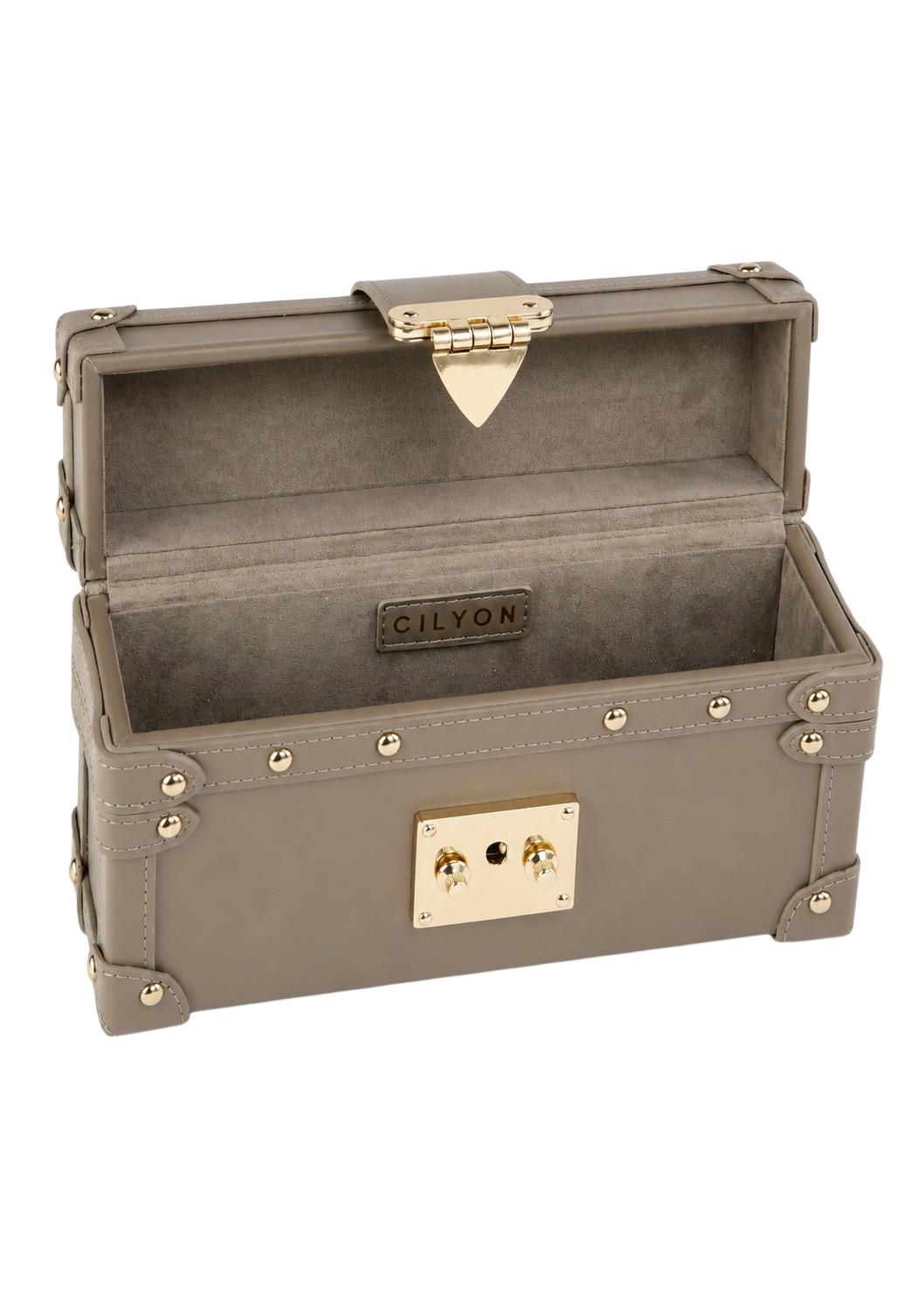 CILYON Rectangle Box Clutch in taupe calfskin leather — open, showing suede-lined interior