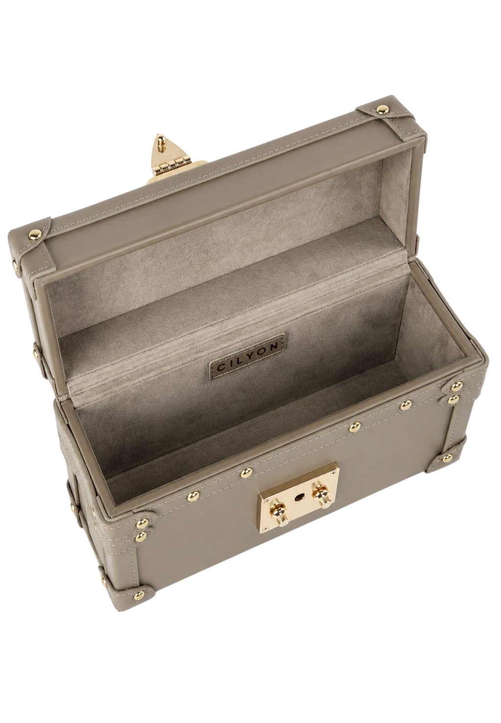 CILYON Rectangle Box Clutch in taupe calfskin leather — open, overhead view