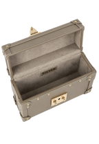 CILYON Rectangle Box Clutch in taupe calfskin leather — open, overhead view