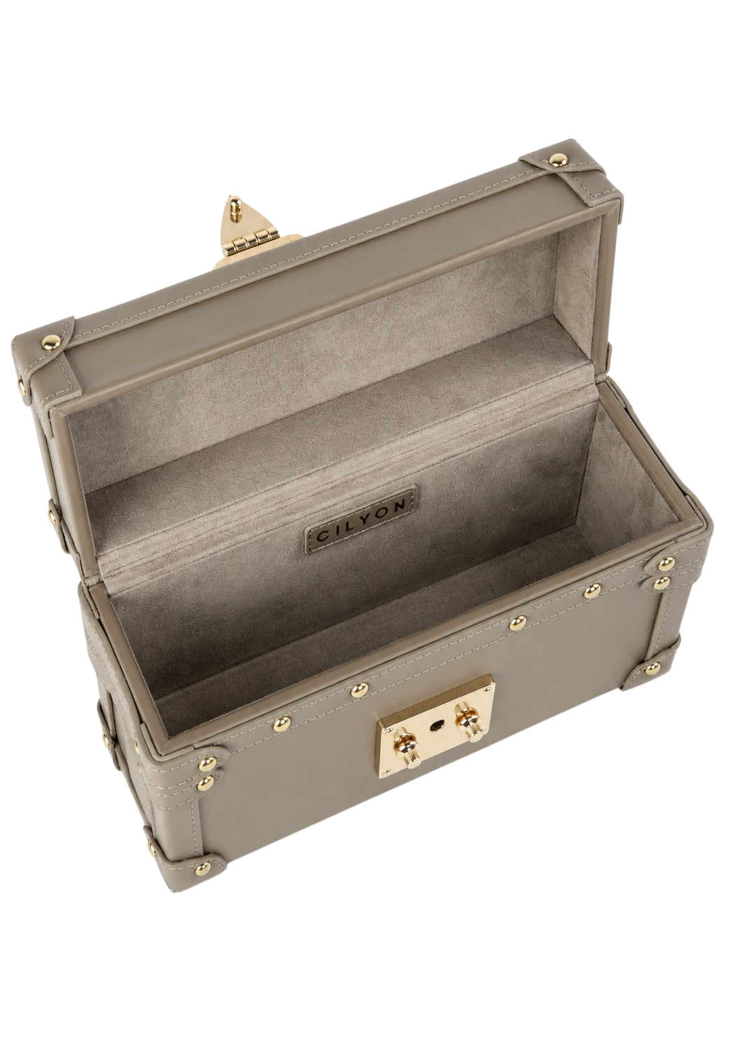 CILYON Rectangle Box Clutch in taupe calfskin leather — open, overhead view