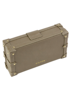 CILYON Rectangle Box Clutch in taupe calfskin leather — angled view with gold CILYON logo