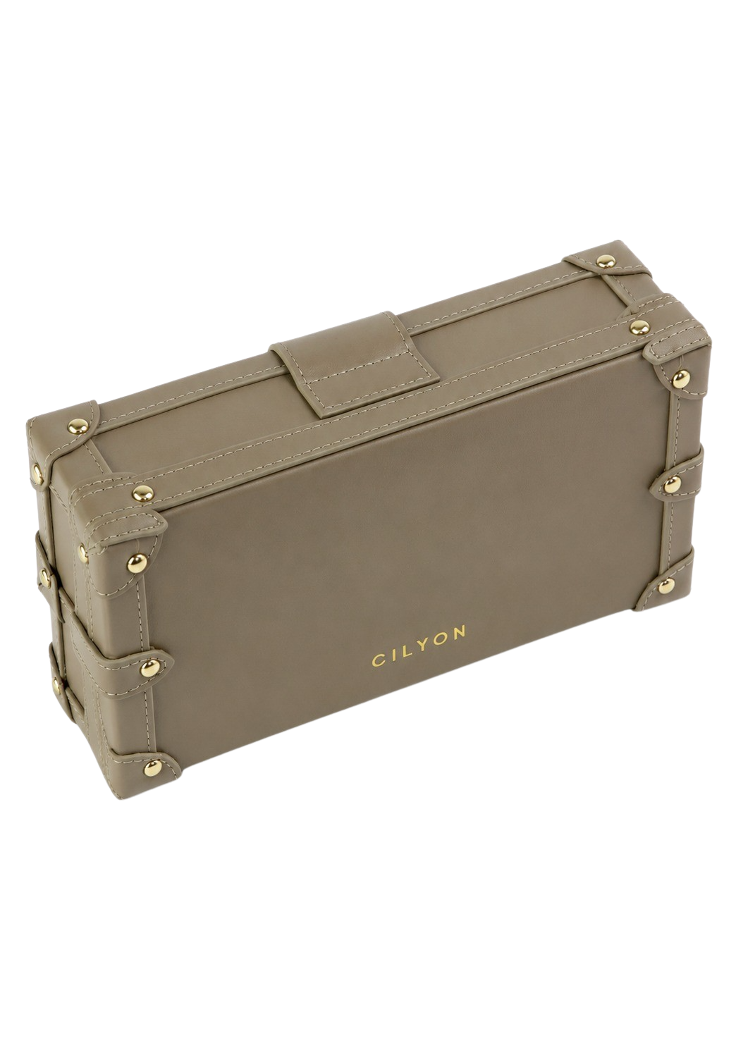 CILYON Rectangle Box Clutch in taupe calfskin leather — angled view with gold CILYON logo