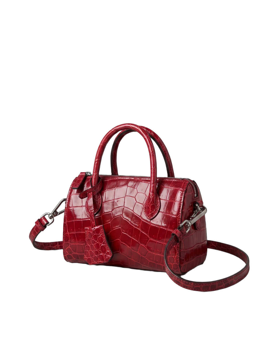 CILYON Sac Croc Mini Duffle in rouge croc leather — side view with strap extended