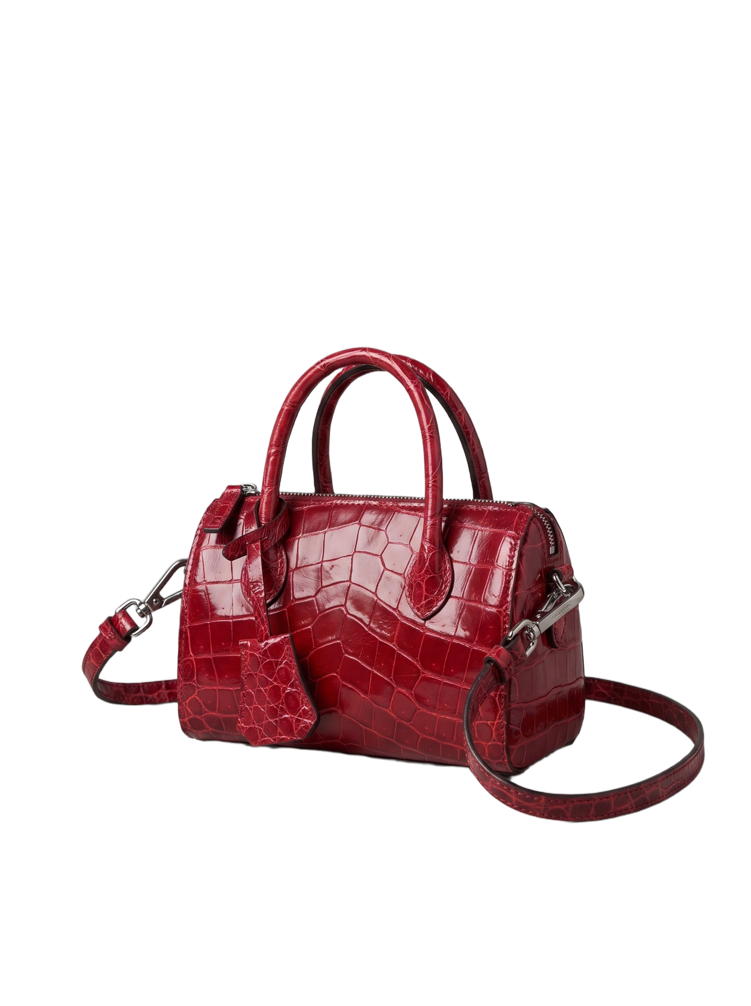 CILYON Sac Croc Mini Duffle in rouge croc leather — side view with strap extended