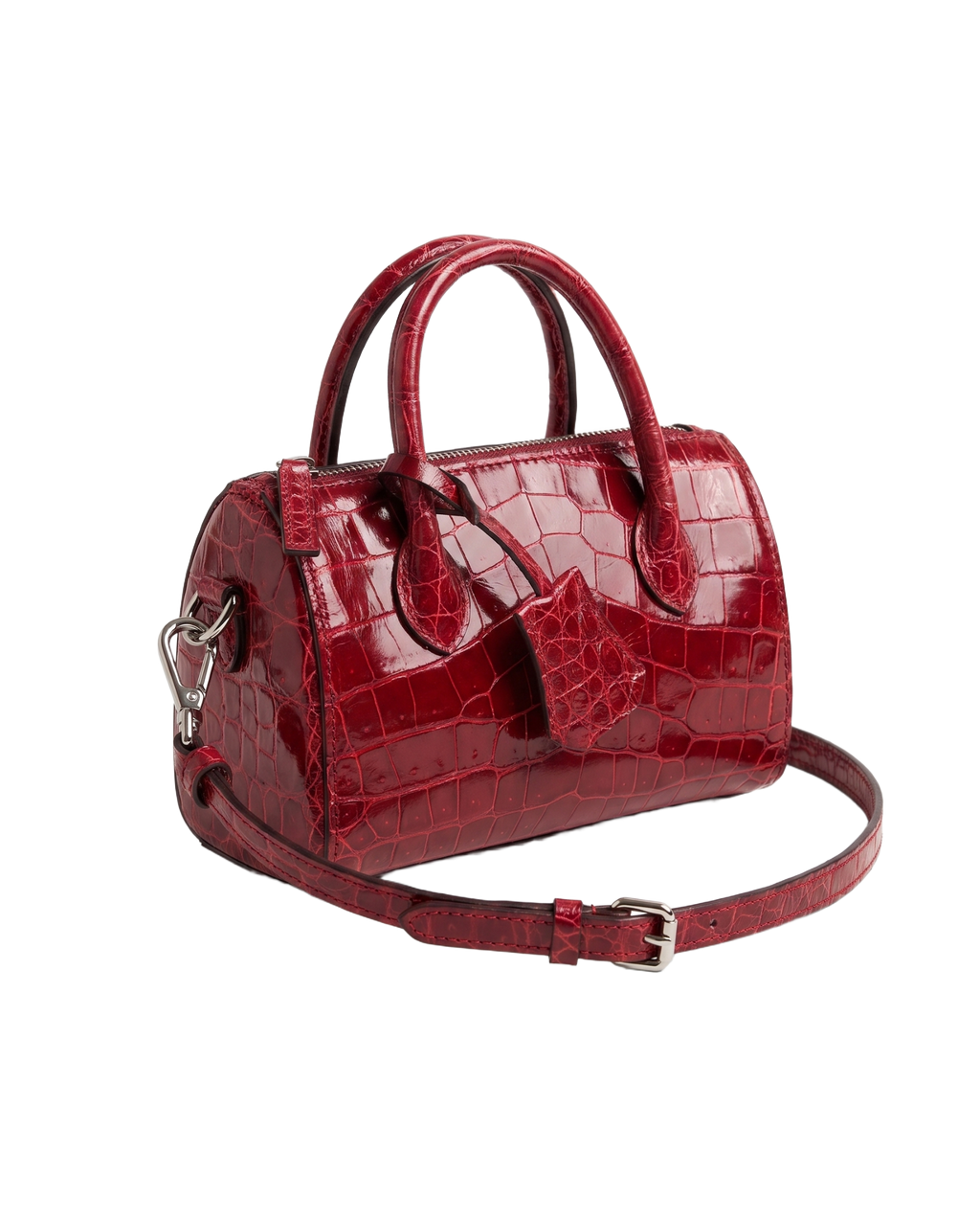 CILYON Sac Croc Mini Duffle in rouge croc leather with silver hardware — three-quarter view with shoulder strap