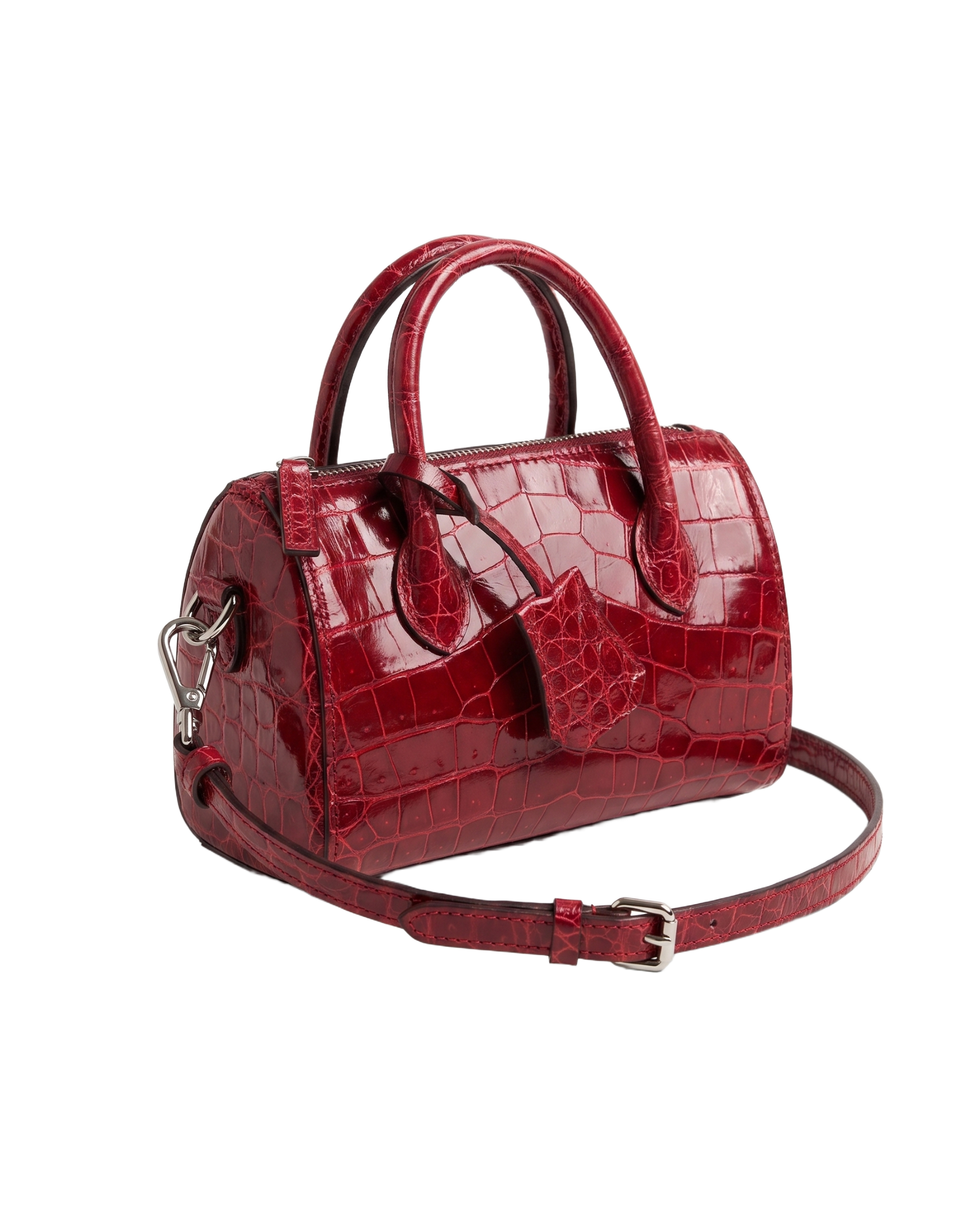 CILYON Sac Croc Mini Duffle in rouge croc leather with silver hardware — three-quarter view with shoulder strap